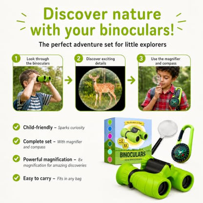 Binoculars for Kids – Perfect Toy for Little Boys and Girls – Extensive Set Incl. Magnifying Glass & Compass – Powerful Magnification 8X21 – 3 to 12 Year Old Kids for Toddler - color: Green