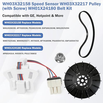 WH03X32158 Washer Speed Sensor&WH03X32217 1/2 HP Motor Pulley (with Nut) &WH01X24180 Drive Belt Compatible with GE & Hotpoint Replaces WH12X25294 PS16619248 AP7020336 GTW335ASN1WW GTW465ASN9WW - style: WH03X32158+WH01X24180+WH03X32217