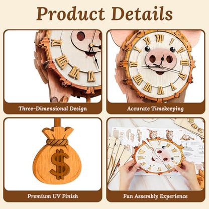 3D Wooden Puzzle for Adults - Lucky Piggy Clock - color: Lucky Piggy