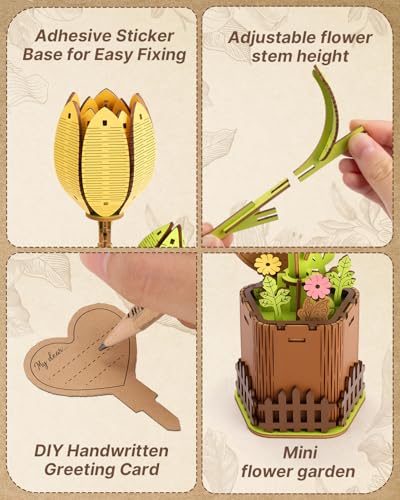 Kaayee 3D Wooden Flower Puzzles Tulip, Wood Flowers Craft for Adults - color: Tulip