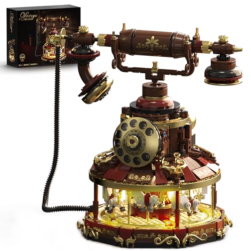 Retro Telephone Building Blocks Set for Adults, Vintage DIY Phone Model Kit with Lights & Carousel Base, Creative Home Office Art Decor Gift, Ideal Gifts for Collectors & Hobbyists - color: Gold