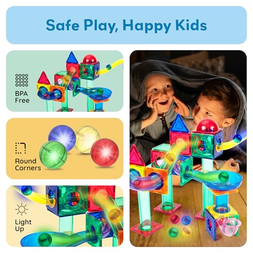 PicassoTiles Motion Activated Marbles 4pc LED Light-Up Glow in The Dark Translucent Balls for Marble Run Race Racetrack Maze Magnetic Construction Magnet Tiles Building Block STEM Education Kids Toys - style: Marbles 4pc LED