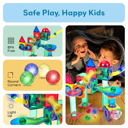 PicassoTiles Motion Activated Marbles 4pc LED Light-Up Glow in The Dark Translucent Balls for Marble Run Race Racetrack Maze Magnetic Construction Magnet Tiles Building Block STEM Education Kids Toys - style: Marbles 4pc LED