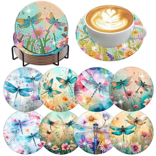 8 PCS Dragonfly Diamond Art Coasters with Holder,Diamond Painting Coasters - color: Dragonfly