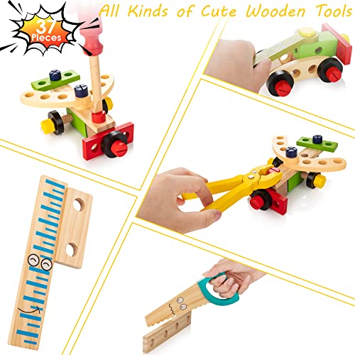 WOODMAM Wooden Kids Tool Set, 37Pcs Learning Construction Toy with Tool Box, Montessori Educational Building Toys Gift for 3+ Years Old Boys Girls - style: Standard