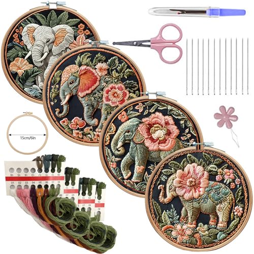 SCECALA 4 Pack Elephant Floral Embroidery Kit for Beginners - color: Pink and Green