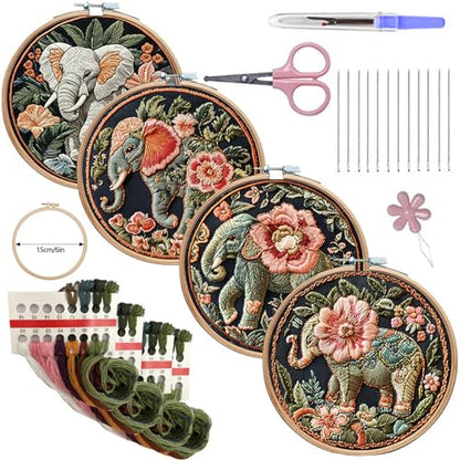 SCECALA 4 Pack Elephant Floral Embroidery Kit for Beginners - color: Pink and Green