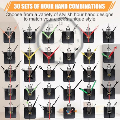 30 Pack Quartz Clock Movement Mechanism Kit, Silent Sweep Non-Ticking, 20mm Total Shaft (11mm Thread) Fits 3–6mm Dials, 30 Hand Styles, Hanging Hooks & Traceless Nails, DIY Wall Clock Repair - color: 30-pack