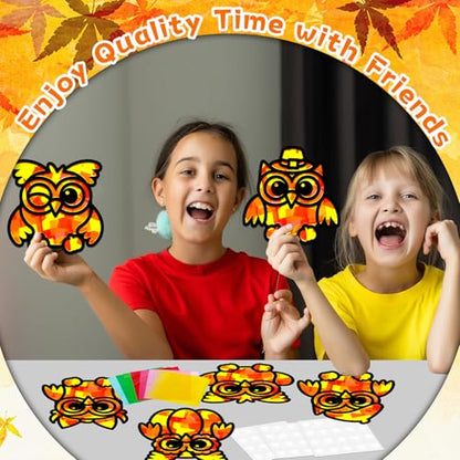 QOUBAI 32 Sets Fall Owl Suncatchers Craft Kit DIY Window Stained Glass Effect Autumn Owl Paper Crafts Home School Classroom Decoration Kid Birthday Gift Creative Art Project Activity Game - style: Fall Owl