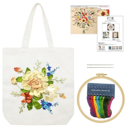 Canvas Tote Bag Silk Ribbon Embroidery Kit for Beginners Arts DIY Crafts Starter Kit Include Stamped Bag Threads Hoop - color: Color #3, Beige Bag