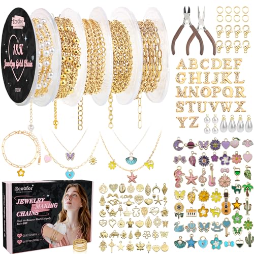 Ecoofor 18K Gold Jewelry Making Kit with Gift Box - 16.6ft 5 Rolls DIY Bracelet & Necklace Chains with 136 Pendants, Jump Rings, Lobster Clasps, Jewelry Pliers & Charm Making Kit, Christmas Gift - color: Gold 18k 16.6 Feet 5 Rolls