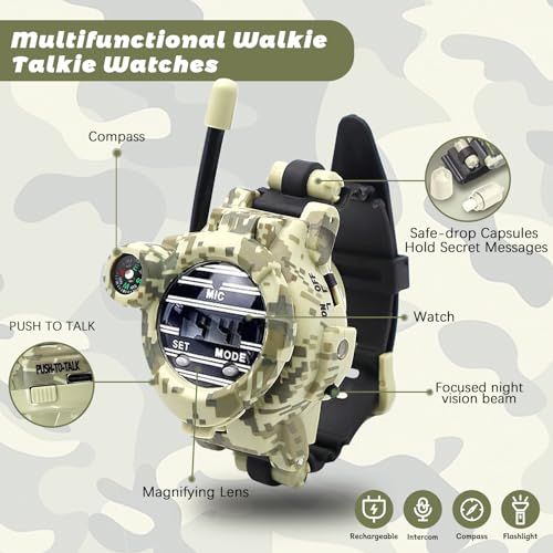Kids Walkie Talkie Watch, Rechargeable Spy Army Toys for Boys Ages 8-13 - color: Camo