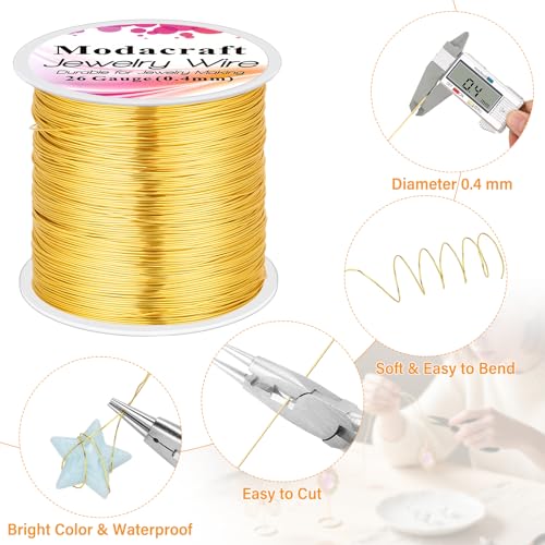 ModaCraft 26 Gauge Ultra-FINE Jewelry Wire Gold (328ft/100m) + 4-in-1 Ergonomic Pliers Set | Tarnish Resistant Copper Craft Wire for Wire Wrapping, Beading & Micro Jewelry Making | DIY Supplies Kit - color: Gold, size: 26 Gauge