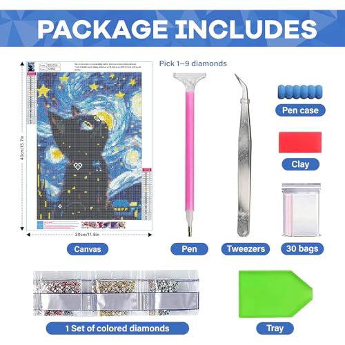 Yunnuo Diamond Art Kits for Adults Cat, DIY Diamond Painting kit 12x16inch - color: D002-black cat 30x40cm
