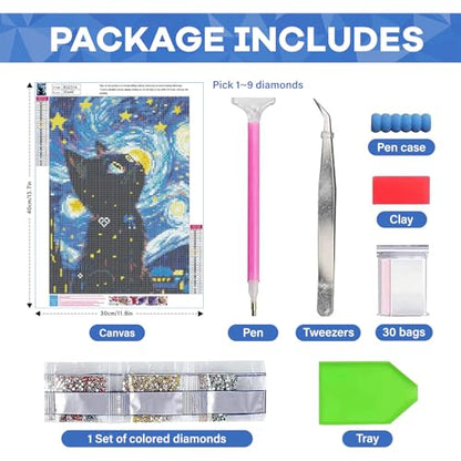 Yunnuo Diamond Art Kits for Adults Cat, DIY Diamond Painting kit 12x16inch - color: D002-black cat 30x40cm
