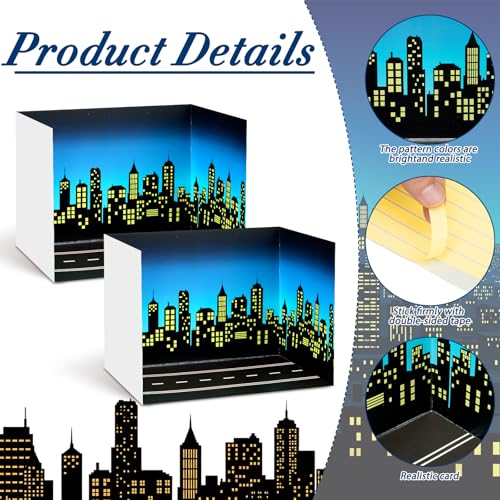 AmazingSpark 2 Set Hero City Skyline Diorama Box and Road Sticker Decor, Black Skyscraper Building Diorama Project Supplies Set, Cardboard Display Case Kit with Double Sided Tapes for DIY Crafts - style: Hero