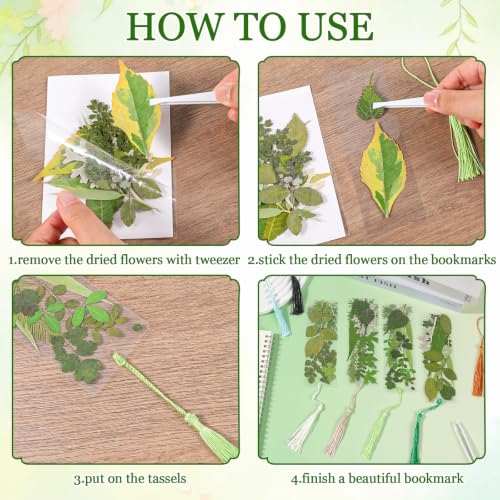20 Sets Dried Leaves Bookmark Making Kit Transparent Bookmark DIY Projects Craft Gift Bulk PET Sticker with Color Tassels and Tweezer for Classroom Activities Reading Award and Book Lovers (Leaves) - style: Leaves