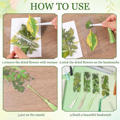 20 Sets Dried Leaves Bookmark Making Kit Transparent Bookmark DIY Projects Craft Gift Bulk PET Sticker with Color Tassels and Tweezer for Classroom Activities Reading Award and Book Lovers (Leaves) - style: Leaves