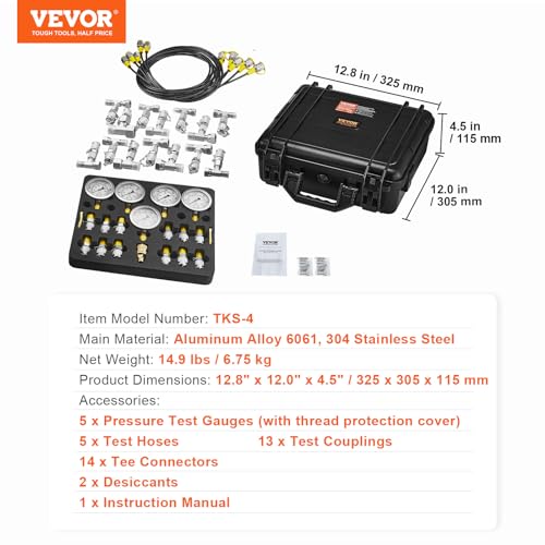 VEVOR Hydraulic Pressure Test Kit, 10/100/250/400/600bar, 5 Gauges 13 Test Couplings 14 Tee Connectors 5 Test Hoses, Hydraulic Gauge Kit with Sturdy Carrying Case, for Excavator Construction Machinery - style: 5 Gauges 13 Couplings