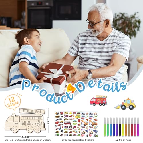 36Pcs Unfinished Wooden Craft,Mini Construction Vehicles Wood Cutouts Arts and Crafts DIY Transportation Painting Car for Kids Boys Girls Car Themed Birthday Party Favor Supplies Home Activities