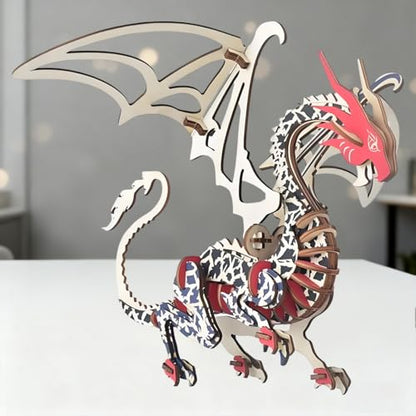 3D Wooden Puzzles Laser Engraving DIY Safe Assembly Constructor Kit Toy for Teens and Adults World Animal Mechanical 3-D Models for Self-Assembly (Flying Dragon)