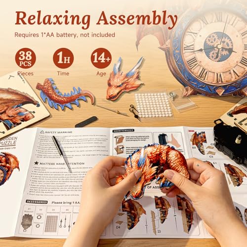3D Wooden Puzzle for Adults - Fiery Dragon Clock - color: Fiery Dragon