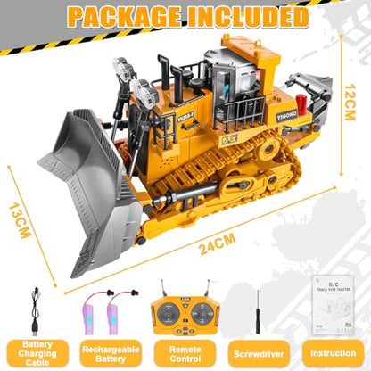 Remote Controlled Bulldozer, 9-Channel Metal RC Construction Vehicle Toy with Lights, Sound, and Rechargeable Battery, Remote Controlled Bulldozer Toy Gift for Kids Boys Girls Aged 4-12 (2.4 GHz) - style: Remote Controlled Bulldozer