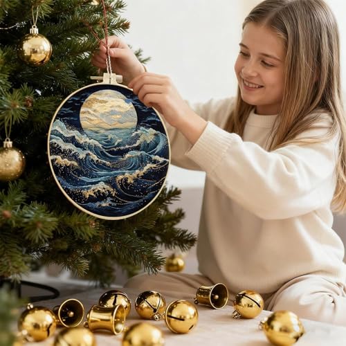 SCECALA 4 Sets Ocean Underwater Embroidery Kit, Blue Coastal Wave Themed - color: Black
