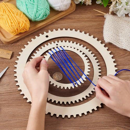 BENECREAT 3 Sizes Wooden Weaving Loom Kit, 5/7.8/11 inch Round Gear Shape DIY Weaving Loom for Hanging Decor Woven Tapestry Knitted Crafts Making, 5mm Thick (Pack of 4) - size: 3 Sizes (Pack of 4)