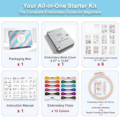 Bmtbu Embroidery Stitch Book Kit with 8.27x10.65 Portable Loose-Leaf Cover