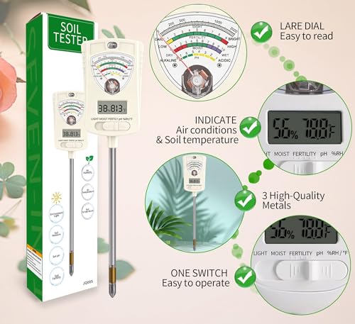 Soil Moisture Meter, 7-in-1 Soil Tester with Moisture/pH/Temperature/Sunlight/Air Humidity/Fertility, Soil Tester for Farming, Plants Gardening, Lawn, Gardening and Outdoor Plants - color: White 7 in 1