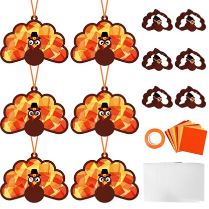 Qyeahkj 36 Set Thanksgiving Turkey Suncatchers Crafts for DIY Fall Window Tissue Paper Craft Kit Autumn Hanging Decor for Harvest Home Activity Art Project Birthday Party Favor Gift - style: Thanksgiving Turkey