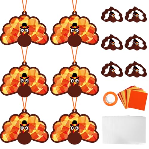 Qyeahkj 36 Set Thanksgiving Turkey Suncatchers Crafts for DIY Fall Window Tissue Paper Craft Kit Autumn Hanging Decor for Harvest Home Activity Art Project Birthday Party Favor Gift - style: Thanksgiving Turkey