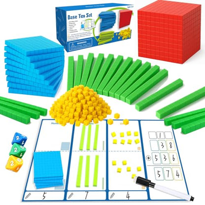 Base Ten Blocks 137 Pcs Place Value Manipulatives with 3 Dice