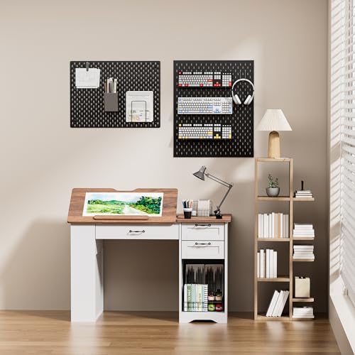 Drafting Table with Storage Cabinet & Drawers, Adjustable Drawing Table with Open Shelves, Craft Art Desk for Artists, Painters, Drawing, Crafting, Reading, Writing, Working - color: White