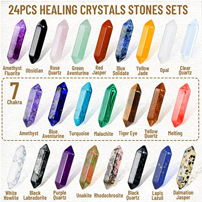 24Pcs Healing Crystals Stones Sets, Hexagonal Bullet Shaped Reiki Meditation Gemstone Chakra Stones Tiger Eye Obsidian Quartz Crystals Gemstone Wand Set Pendants with Storage Box - size: 24PCS