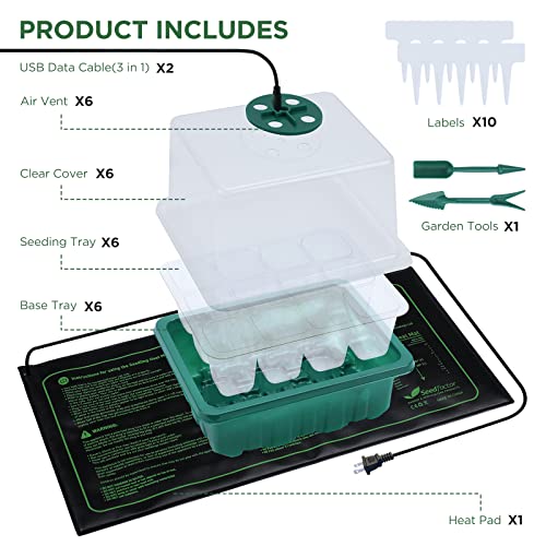 7-Pack Seed Starter Kit with Grow Light (12 Cells per Tray), Plant Germination Trays with Adjustable Humidity Dome Seed Trays Seedling Starter with Base Trays for Germination - color: Green/Black