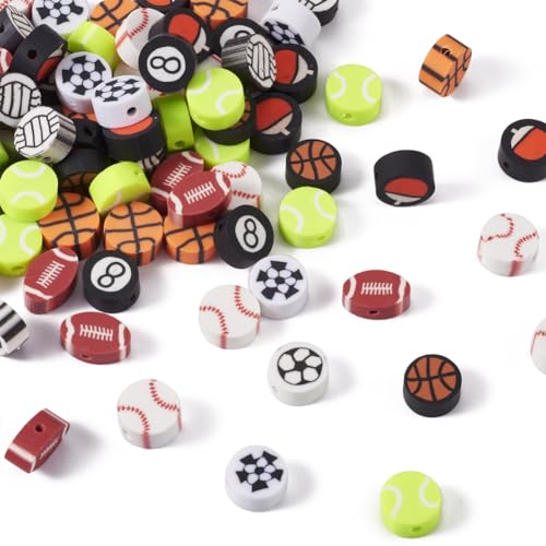 200Pcs Sports Polymer Clay Beads - Basketball, Football, Volleyball, Rugby, Baseball, Ping Pong, Billiards, Spacer Beads for DIY Bracelet, Earring, Key Chain Jewelry Making - color: Sports Theme