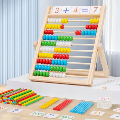 QQM Wooden Abacus Math Manipulatives Set with 100 Counting Beads, Math Sticks & Number Alphabet Cards, Folding Counting Toy Preschool Learning Activities Gift for Kids Toddlers Ages 3+