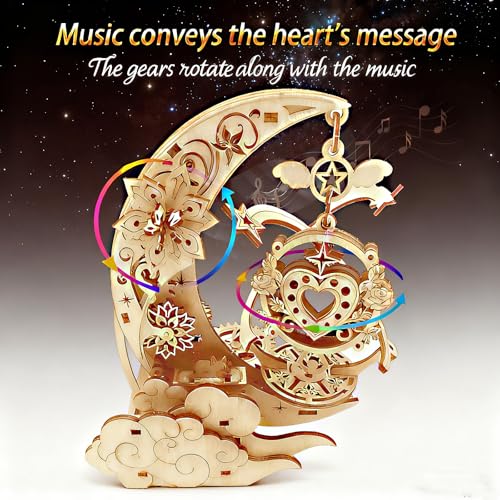 3D Wooden Puzzles for Adults Teens DIY Music Box Wood Model Kit Craft Kits - style: moon