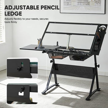 Magshion Drafting Table Adjustable Drawing Table w/Stool - color: Clear & Black