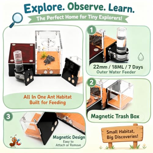 Terra Core S-Ant Farm Formicarium for Live Ants & Queen, Expandable Ant Nest with Magnetic Trash Chamber, 18 mL Water Feeder, Dual Humidity System, Red Cover & Starter Kit