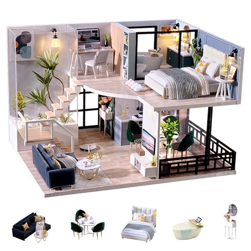 Flever Wooden DIY House Kit, Miniature with Furniture, Creative Craft Gift for Lovers and Friends (Satisfied Time) - color: Satisfied Time
