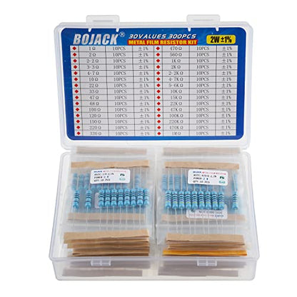 BOJACK 300 Pcs 30 Values Resistor Kit 1 Ohm - 1M Ohm with 1% 2W Metal Film Resistors Assortment - size: 2 W