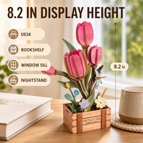Evankin 3D Wooden Pink Tulip Puzzle Kit, DIY Bouquet Model - color: Pink Tulip