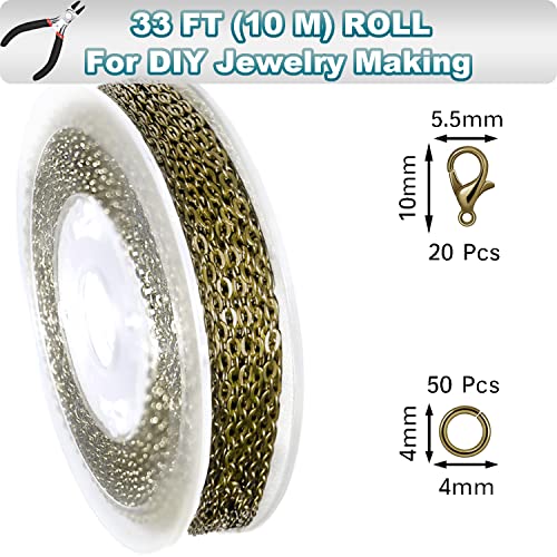 Jishi 33ft Link Cable Chain Roll 2mm, Bronze Chain for Jewelry Making Necklace Earring Bracelet DIY Craft Jewelry Making Findings Supplies, Bronze Plated Iron Metal Rolo Necklace Chain Spool Set - color: Bronze, size: Cable Chain 33ft 2.0mm