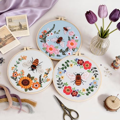 Uniartfy 3 Pack Bee Flower Embroidery Kits for Beginners, Cross Stitch Kit for Adults, DIY Needlepoint with Embroidery Hoop, Tools, Easy to Learn Video & Instructions, Hand Embroidery Starter Kit - color: Embroidery Kit-I