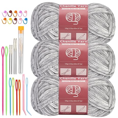 LUNARM Chenille Yarn 3 Pack 3.5oz Chunky Blanket Velvet Yarn 263 Yard - color: Light Grey