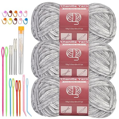 LUNARM Chenille Yarn 3 Pack 3.5oz Chunky Blanket Velvet Yarn 263 Yard - color: Light Grey