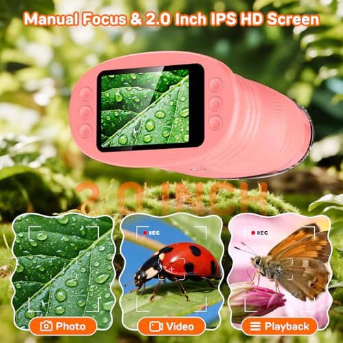 Microscope for Kids with 2.0" IPS Screen Girls Handheld Outdoor Gifts - color: Pink